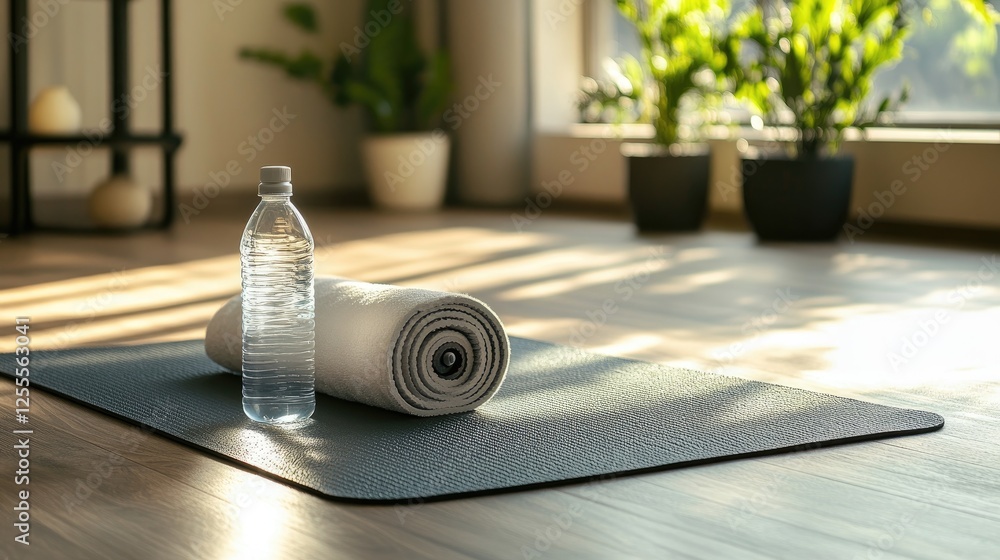 A neat and organized yoga mat with a water bottle and towel placed neatly on top, set in a modern studio with sleek decor and natural light A neat and organized yoga mat with a water bottle and towel placed neatly on top, set in a modern studio with sleek decor and natural light
