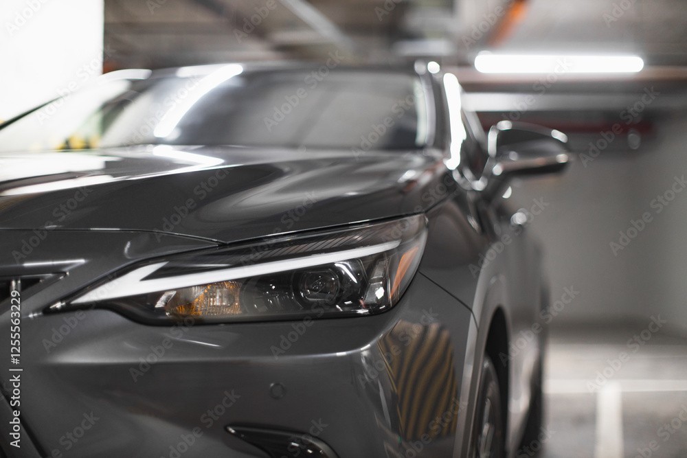 Obraz premium Close-up of front headlight on sleek modern car in underground parking lot showcasing design and style.
