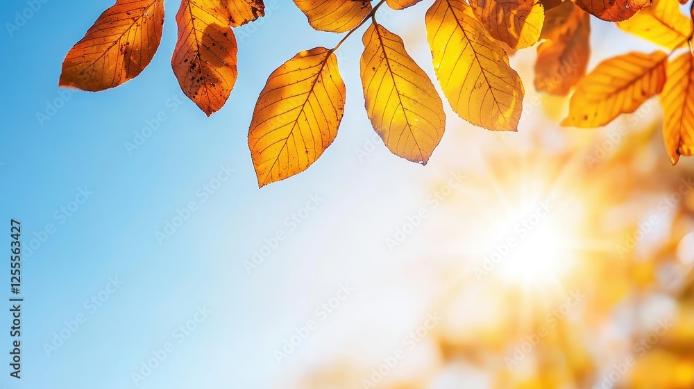 Bright Autumn Leaves Against a Clear Blue Sky with Sunlight Bright Autumn Leaves Against a Clear Blue Sky with Sunlight