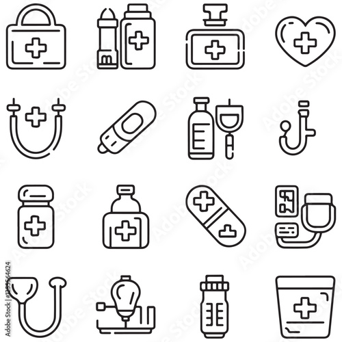 Medical and medicine line icons collection. Thin outline icons pack. UI icon collection. Set of line web pictogram