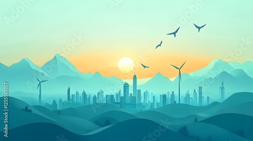 City skyline with birds flying overhead and a banner showcasing environmental and social governance themes