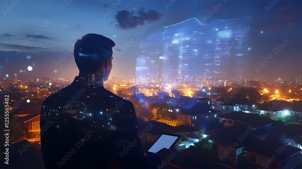 Businessman using a tablet to display a virtual home icon, futuristic night cityscape . Real estate technology, digital transformation, smart investments, futuristic business, property innovation. Businessman using a tablet to display a virtual home icon, futuristic night cityscape . Real estate technology, digital transformation, smart investments, futuristic business, property innovation.