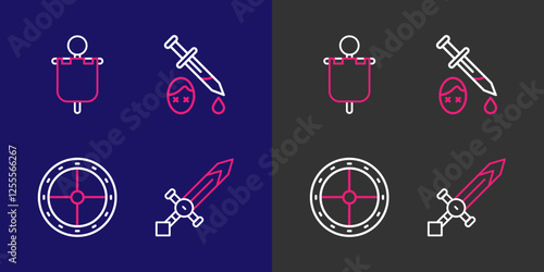Set line Medieval sword, Round wooden shield, Sword with blood and flag icon. Vector