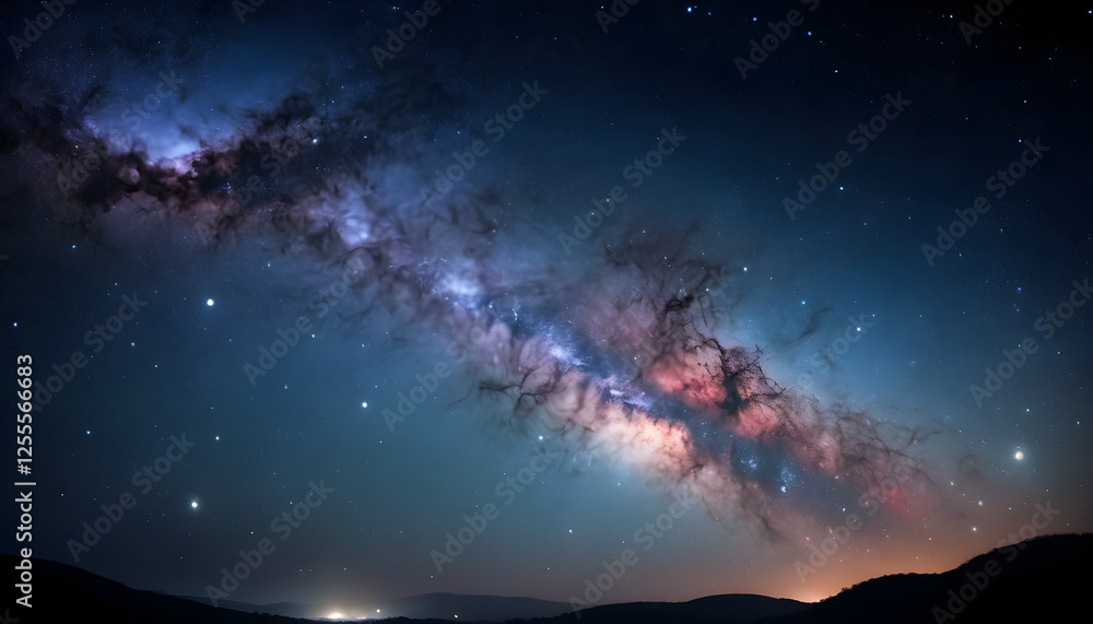 Fototapeta premium A breathtaking view of the Milky Way galaxy with vibrant nebula clouds, glowing stars, and deep cosmic dust. The night sky is filled with countless stars and a shooting star in the distance