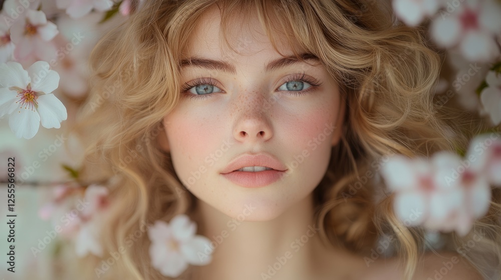 Young woman with curly blonde hair stands amidst blooming sakura trees, embodying serenity and natural beauty. Young woman with curly blonde hair stands amidst blooming sakura trees, embodying serenity and natural beauty.