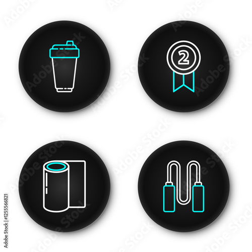 Set line Jump rope, Fitness mat roll, Medal and shaker icon. Vector