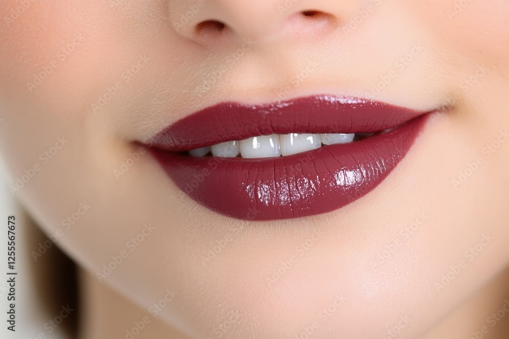 Fototapeta premium Close-up of glossy burgundy lips with subtle makeup and smooth skin