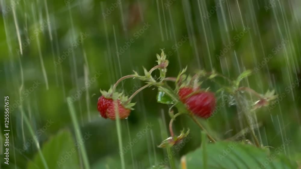 berries and rain. summer rain falls on ripe strawberries in the garden berries and rain. summer rain falls on ripe strawberries in the garden