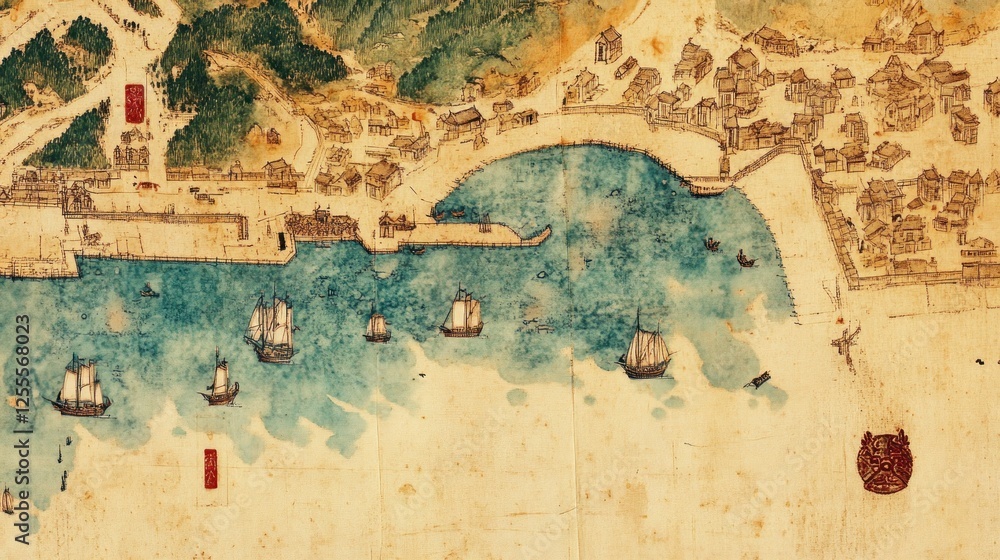 Naklejka premium Antique Harbor Map: A Glimpse into Historical Maritime Trade
