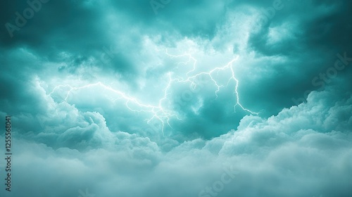 Dramatic lightning storm in turquoise skies over rolling cloudscape