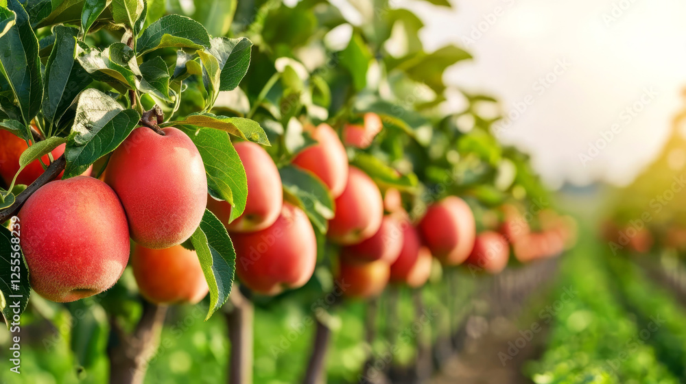 A row of organic fruit trees in a sunlit orchard, with ripe fruits ready for picking, Nature s Cycle, Bountiful harvest A row of organic fruit trees in a sunlit orchard, with ripe fruits ready for picking, Nature s Cycle, Bountiful harvest