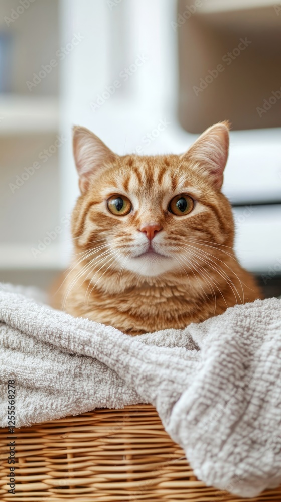 Curious ginger cat rests comfortably in a cozy basket with a soft blanket during a sunny afternoon indoors Curious ginger cat rests comfortably in a cozy basket with a soft blanket during a sunny afternoon indoors