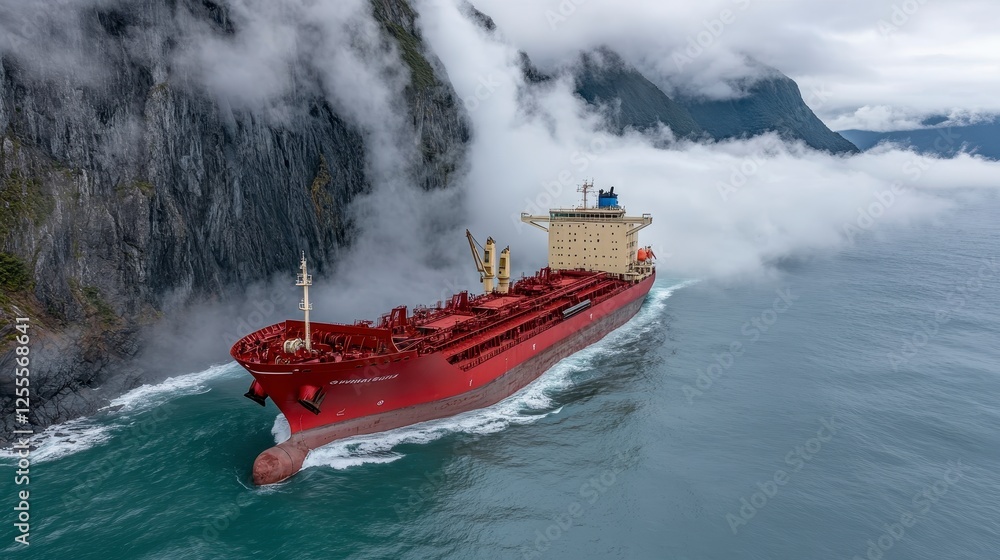 Fototapeta premium High angle view of a large cargo vessel navigating through a body of water surrounded by misty, mountainous terrain. The vessel is a reddish brown