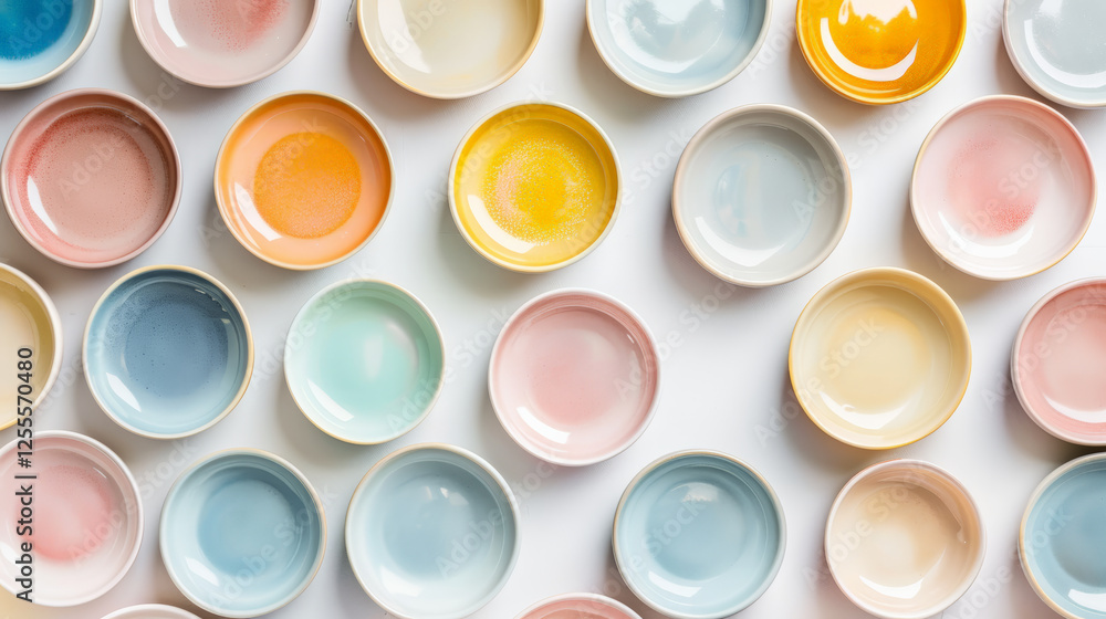 Colorful ceramic plates in pastel shades arranged in flat lay display Colorful ceramic plates in pastel shades arranged in flat lay display