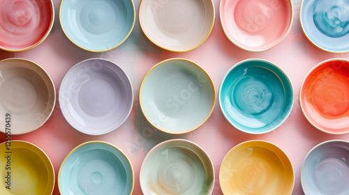 Colorful ceramic plates arranged in flat lay, showcasing pastel hues