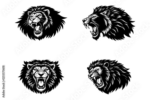 close up of roaring lions silhouette vector set