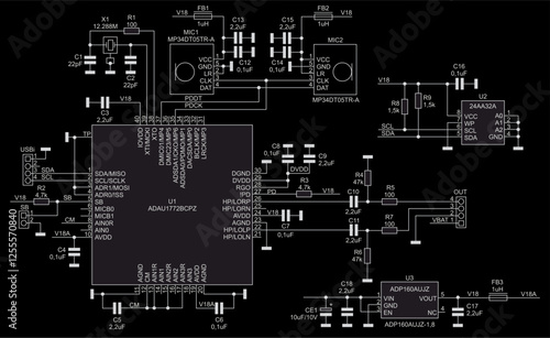 Schematic diagram of electronic device on sheet of paper. Vector drawing electrical circuit with 
usb connector, microphone, resistor, capacitor, 
integrated circuit, microcontroller, other components