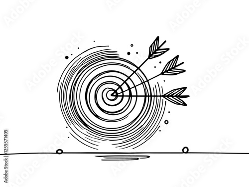 Continuous line drawing of Target with arrows. Single line illustration of goal circle with three arrows in center, shot bullseye. Business strategy concept. Arrow in target pad. Vector illustration