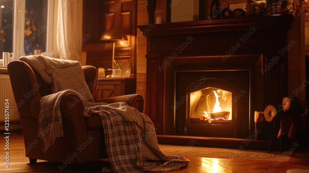 Fototapeta premium Cozy armchair and fireplace create a warm, inviting living room atmosphere