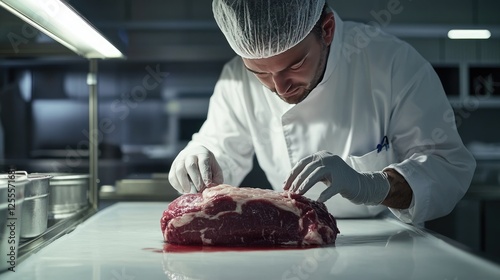 A professional food inspector evaluating a meat specimen in a clean, well-lit lab, ensuring it meets all safety and quality standards photo