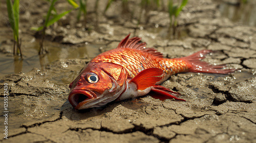 A red fish stranded on cracked dry earth with sparse green sprouts, symbolizing environmental issues and water scarcity  
