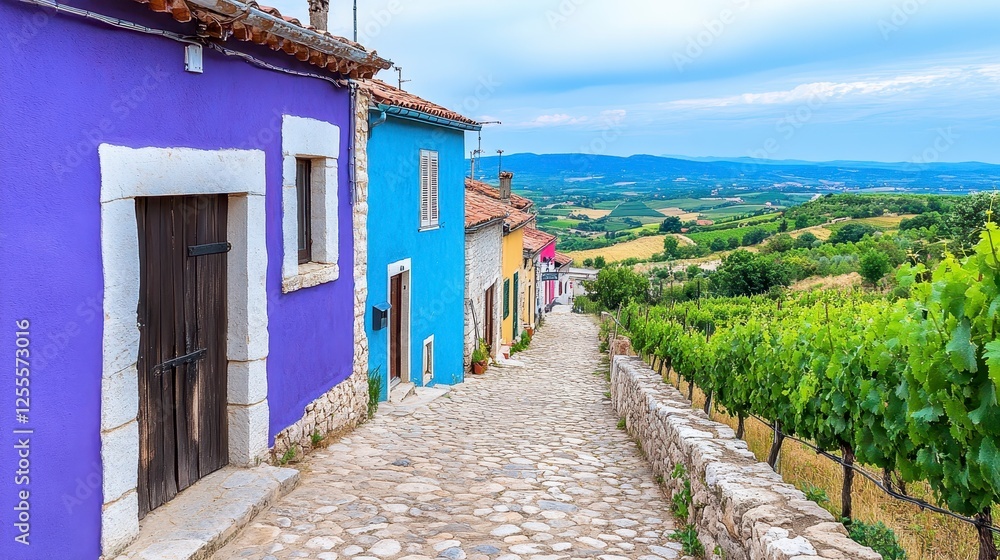 Colorful row of houses with vibrant purple, blue, and yellow facades along a stone paved street. Lush green vineyards extend beyond the buildings Colorful row of houses with vibrant purple, blue, and yellow facades along a stone paved street. Lush green vineyards extend beyond the buildings