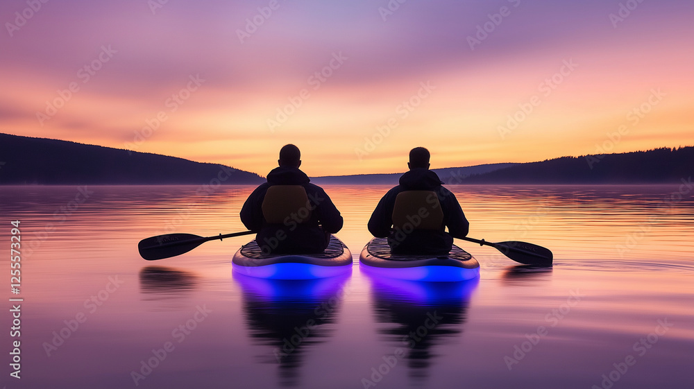 Paddle boarding at sunset with glowing boards, serene water, and peaceful atmosphere. perfect moment for relaxation and connection with nature Paddle boarding at sunset with glowing boards, serene water, and peaceful atmosphere. perfect moment for relaxation and connection with nature