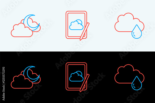 Set line Cloud with rain, moon and Weather forecast icon. Vector