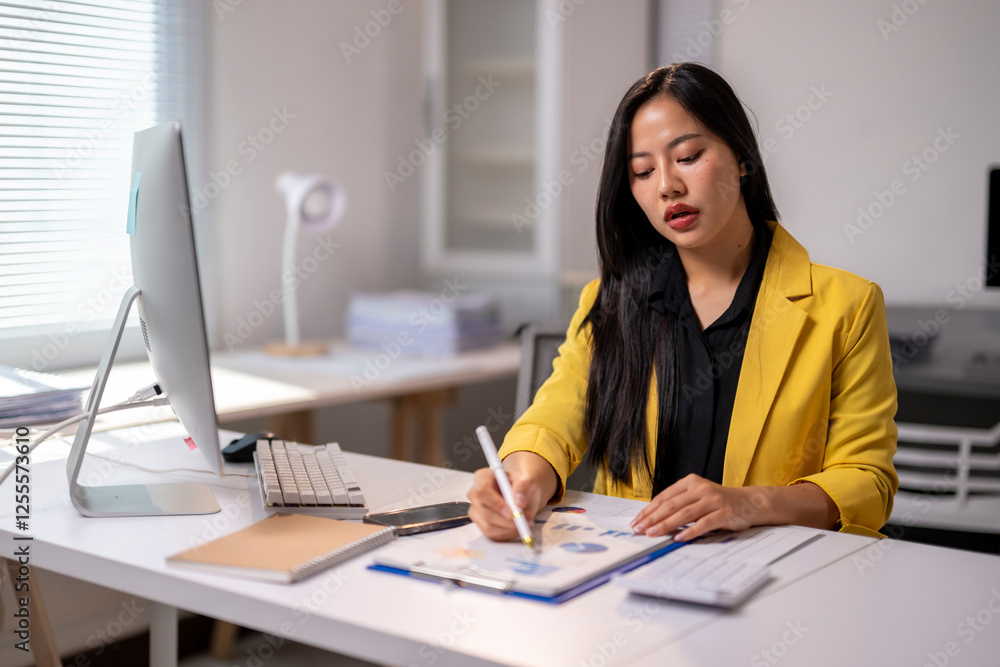 A woman is sitting at a desk with a computer monitor and a keyboard A woman is sitting at a desk with a computer monitor and a keyboard