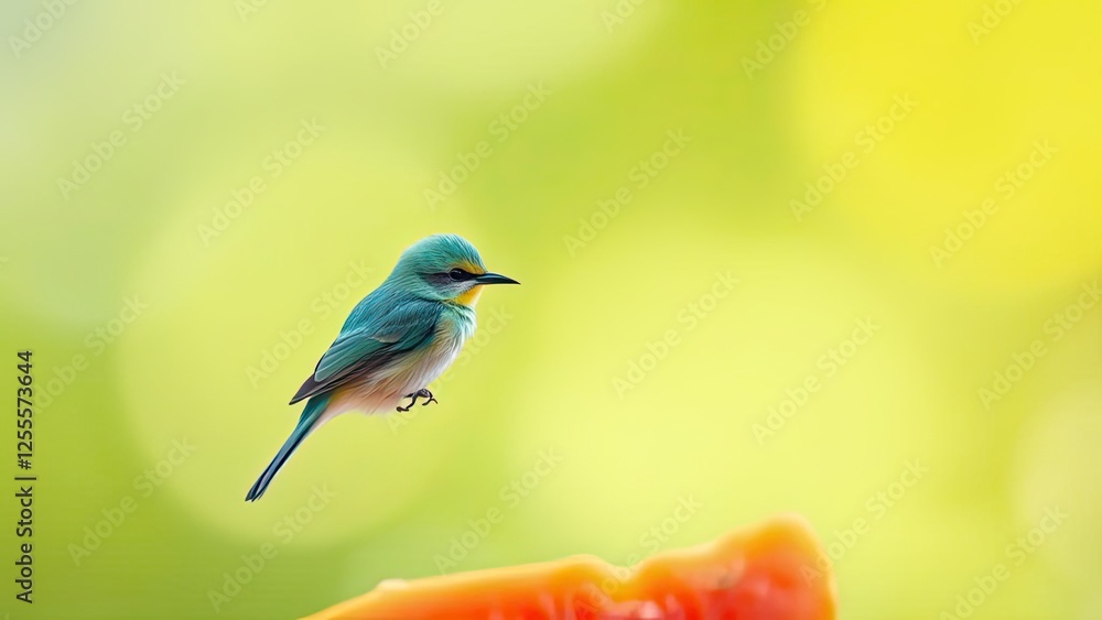 Obraz premium Vibrant Blue Bird Perched Near Ripe Papaya Fruit Tropical Nature Scene