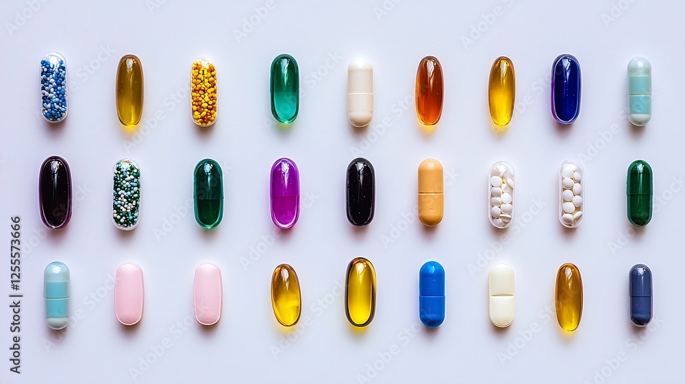 Colorful Variety of Capsules and Pills on a White Background Colorful Variety of Capsules and Pills on a White Background
