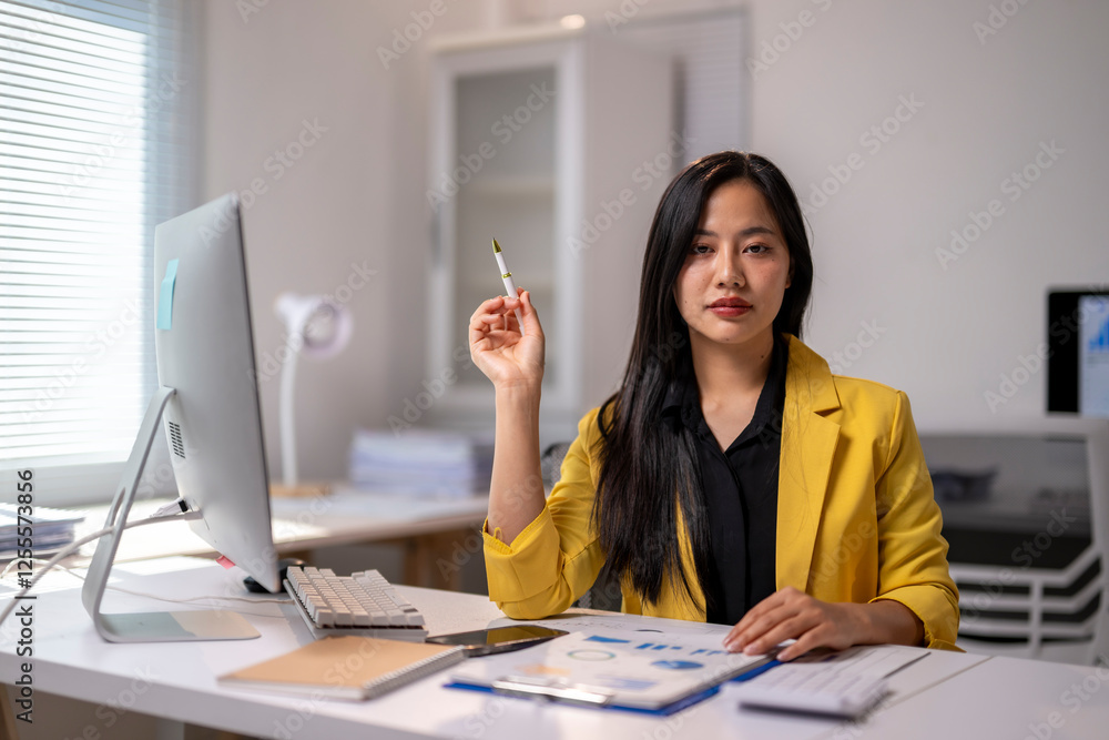 She is holding a pen and she is focused on something She is holding a pen and she is focused on something