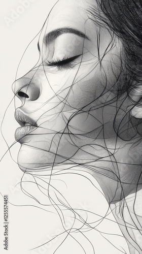 Monochrome pencil sketch of a person with eyes closed, showcasing intricate details of hair and facial features against a light backdrop.