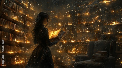 A woman reading a book in a burning library filled with magical light.