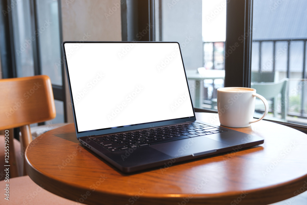 Mockup image of laptop computer with blank white desktop screen on wooden table in cafe Mockup image of laptop computer with blank white desktop screen on wooden table in cafe