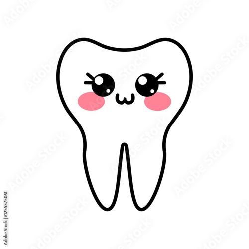 Kawaii tooth with smiling face. Adorable cute outline illustration isolated on white background