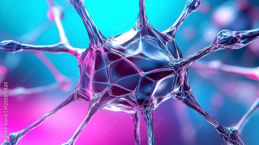 Close up view of a complex biological structure, intricate network of interconnected nodes, detailed 3D model, glowing in vibrant shades of blue and Close up view of a complex biological structure, intricate network of interconnected nodes, detailed 3D model, glowing in vibrant shades of blue and
