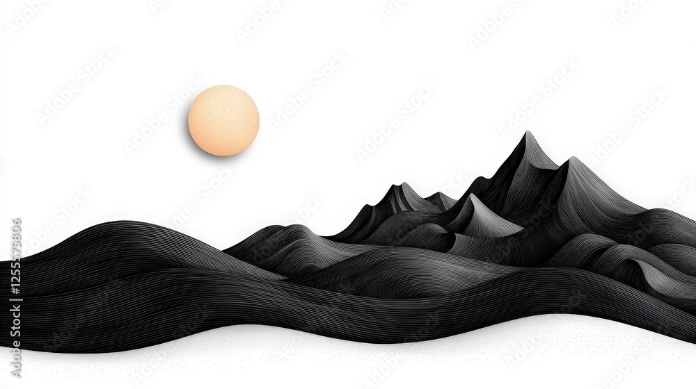 Abstract Mountain Landscape with Stylized Waves and Soft Sun in Modern Minimalist Style Abstract Mountain Landscape with Stylized Waves and Soft Sun in Modern Minimalist Style