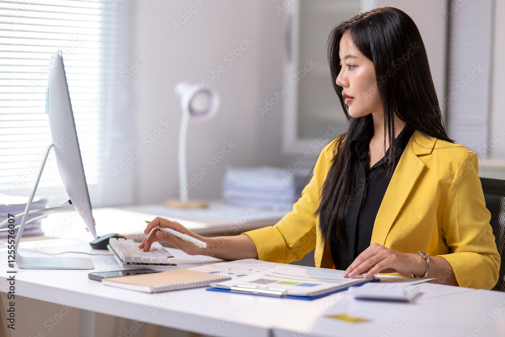 A woman is sitting at a desk with a computer monitor A woman is sitting at a desk with a computer monitor