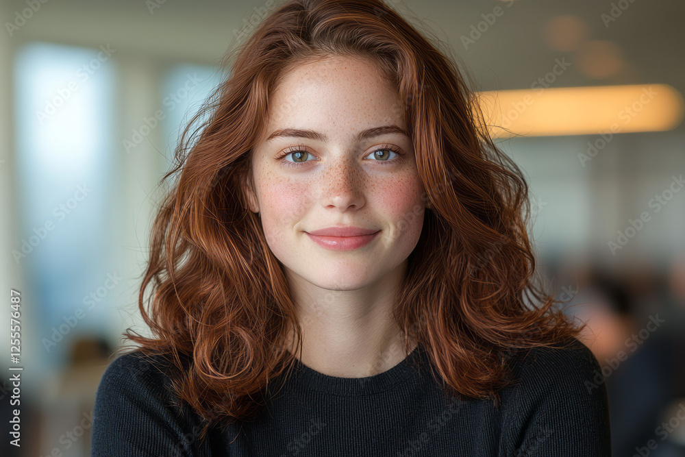 A friendly, modern office portrait of a poised woman, her hair subtly catching the light, perfectly A friendly, modern office portrait of a poised woman, her hair subtly catching the light, perfectly