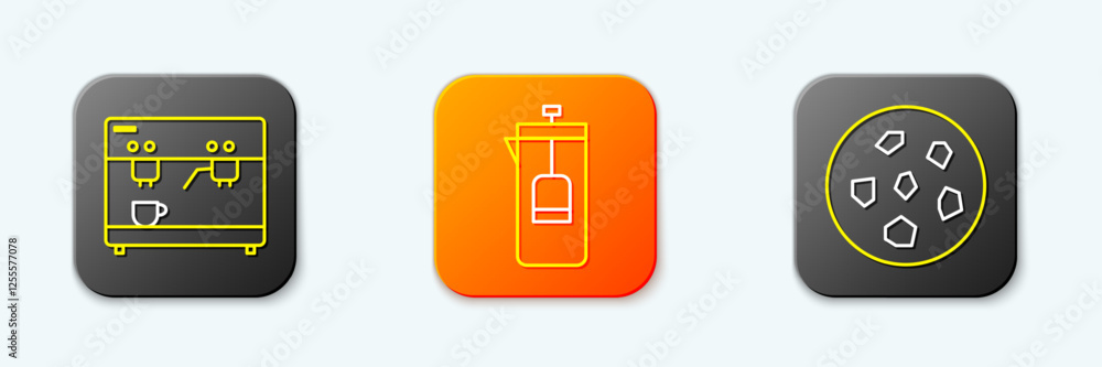 Set line Coffee machine, French press and Cookie or biscuit icon. Vector Set line Coffee machine, French press and Cookie or biscuit icon. Vector