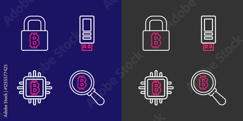 Set line Magnifying glass with Bitcoin, CPU mining farm, USB flash drive and Lock bitcoin icon. Vector