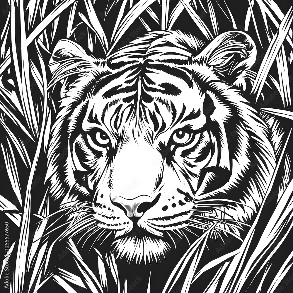 Detailed Tiger with Sharp Stripes and Piercing Eyes in Line Art Style Detailed Tiger with Sharp Stripes and Piercing Eyes in Line Art Style