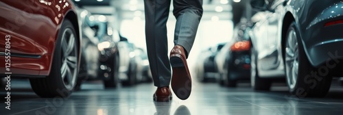 A man in a suit and leather shoes walks through the car showroom, with a close-up of his legs, surrounded by cars on both sides.
