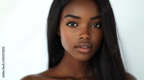 pretty black African woman with radiant flawless skin, facial and skincare  beauty industrial model portrait on soft light background
