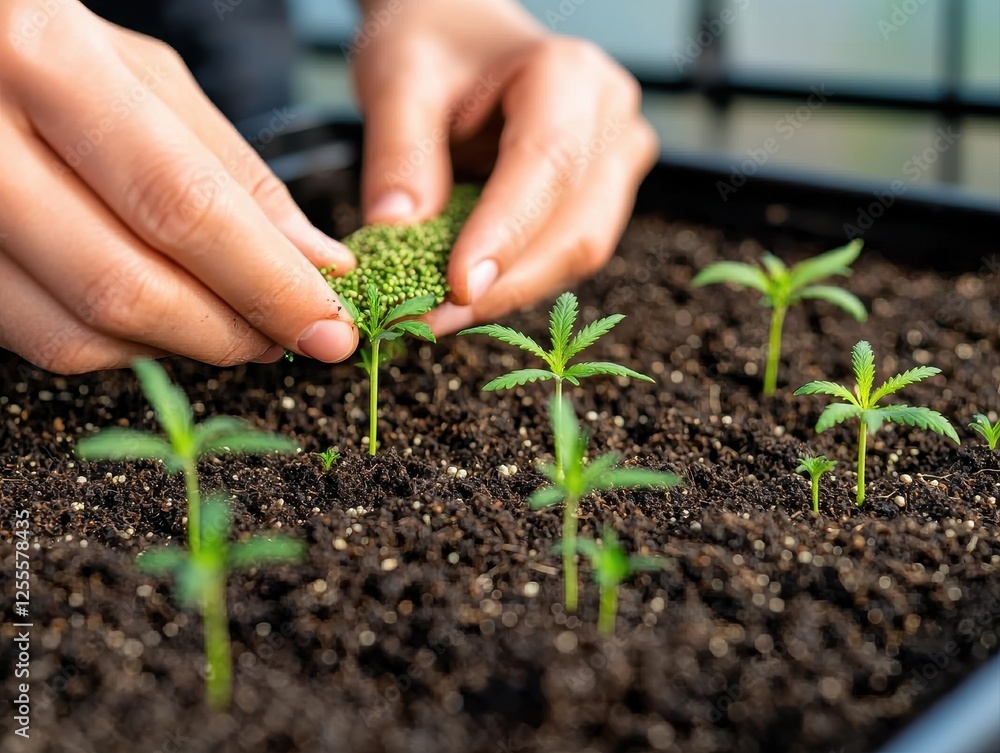 A person gently tends to young plants in rich soil, nurturing growth and showcasing the beauty of gardening. A person gently tends to young plants in rich soil, nurturing growth and showcasing the beauty of gardening.