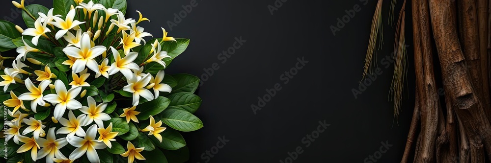 Fototapeta premium Lush Tropical Plumeria Flower Arrangement on Dark Background with Wood Texture