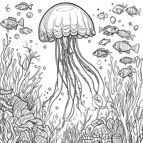 Underwater Jellyfish Coloring Page, Fish, Coral Reef photo