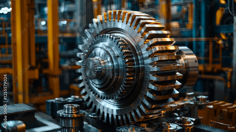 Gear System. large industrial gear in factory setting, showcasing precision engineering Gear System. large industrial gear in factory setting, showcasing precision engineering