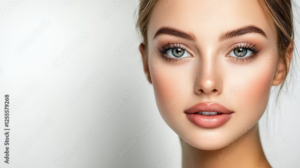 pretty Caucasian woman with radiant flawless skin, facial and skincare beauty industrial model portrait on soft light background pretty Caucasian woman with radiant flawless skin, facial and skincare beauty industrial model portrait on soft light background